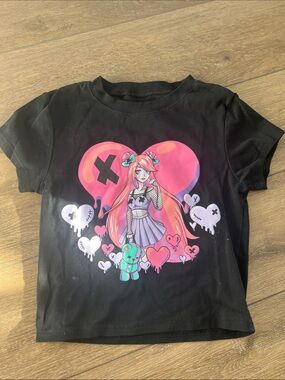 Dolls Kill Black Graphic Tee with Pink & Mint Anime Heart Print